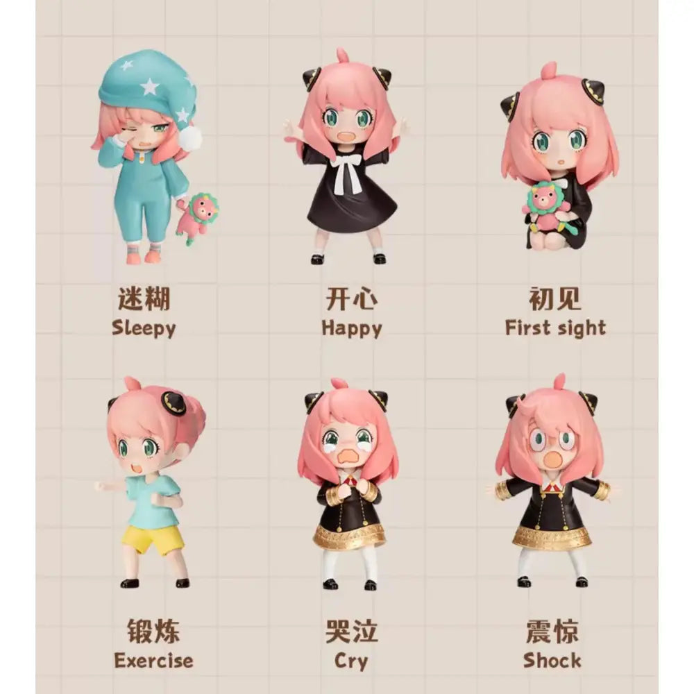 Spy x family anya blind box figure set of six pink hair chibi figurines with black cat ears showing various emotions
