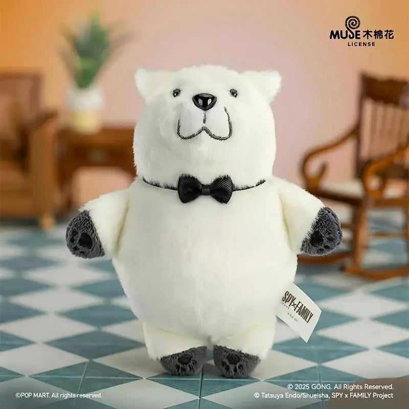 White plush spy x family anya blind box figure with black bow tie and embroidered facial details desktop collectible