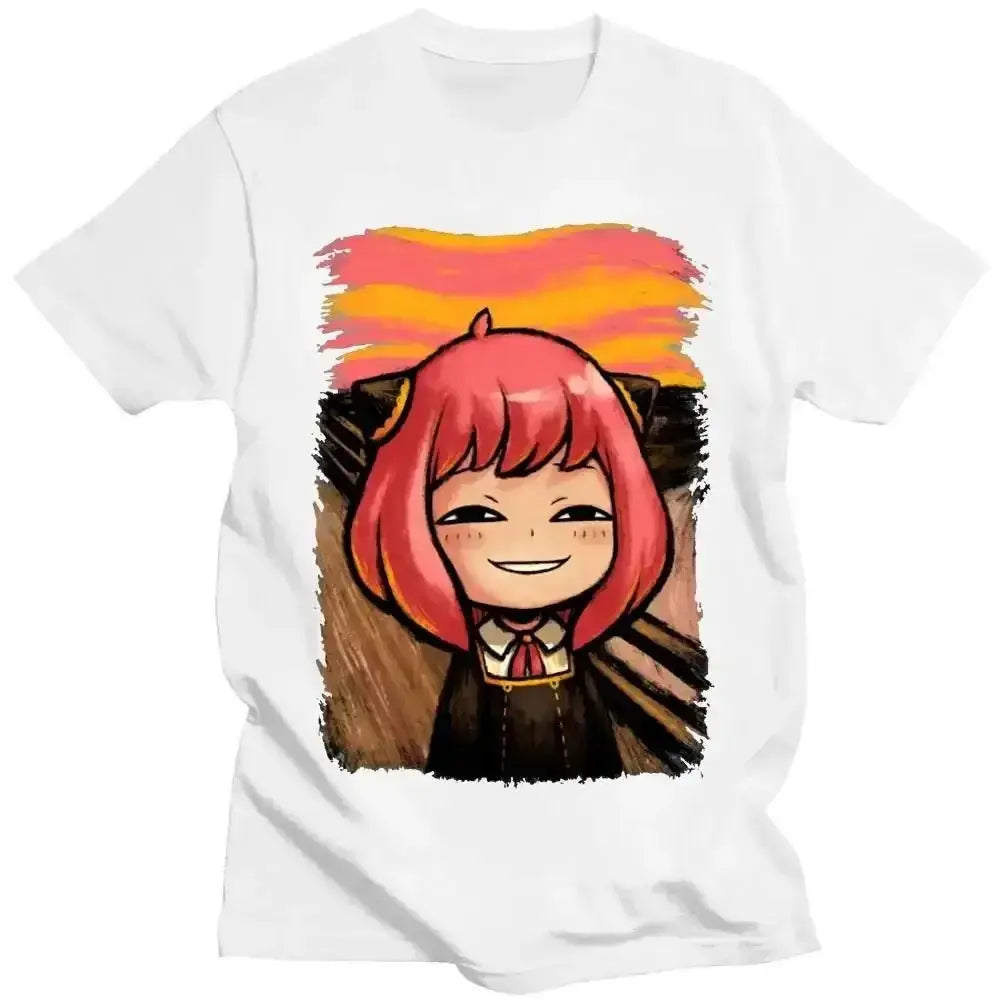 White cotton spy x family t-shirt featuring an anya forger graphic with pink hair and cat ears at sunset background