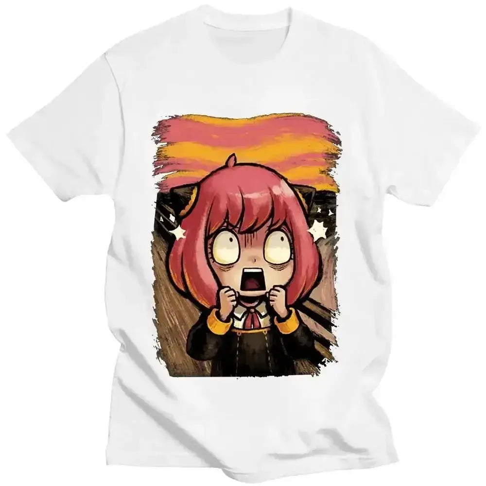 White spy x family t-shirt featuring anya forger graphic with pink hair against an orange and yellow sunset background