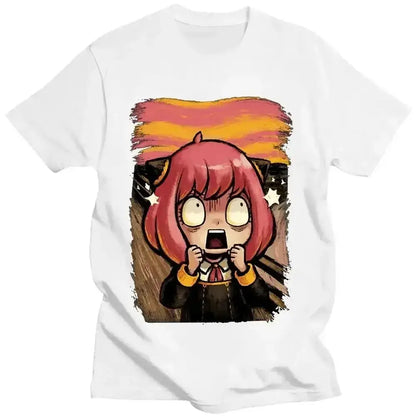 White spy x family t-shirt featuring anya forger graphic with pink hair against an orange and yellow sunset background