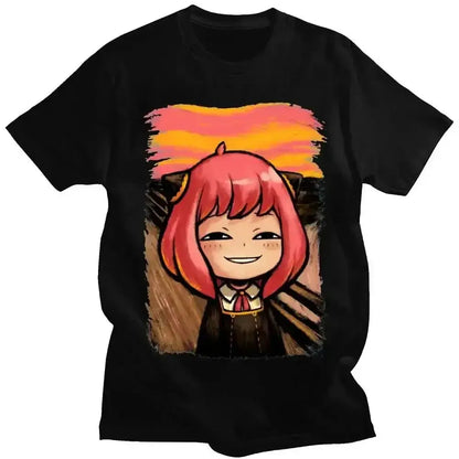 Black short-sleeved spy x family t-shirt featuring anya forger graphic with pink-haired cat ear character on sunset background