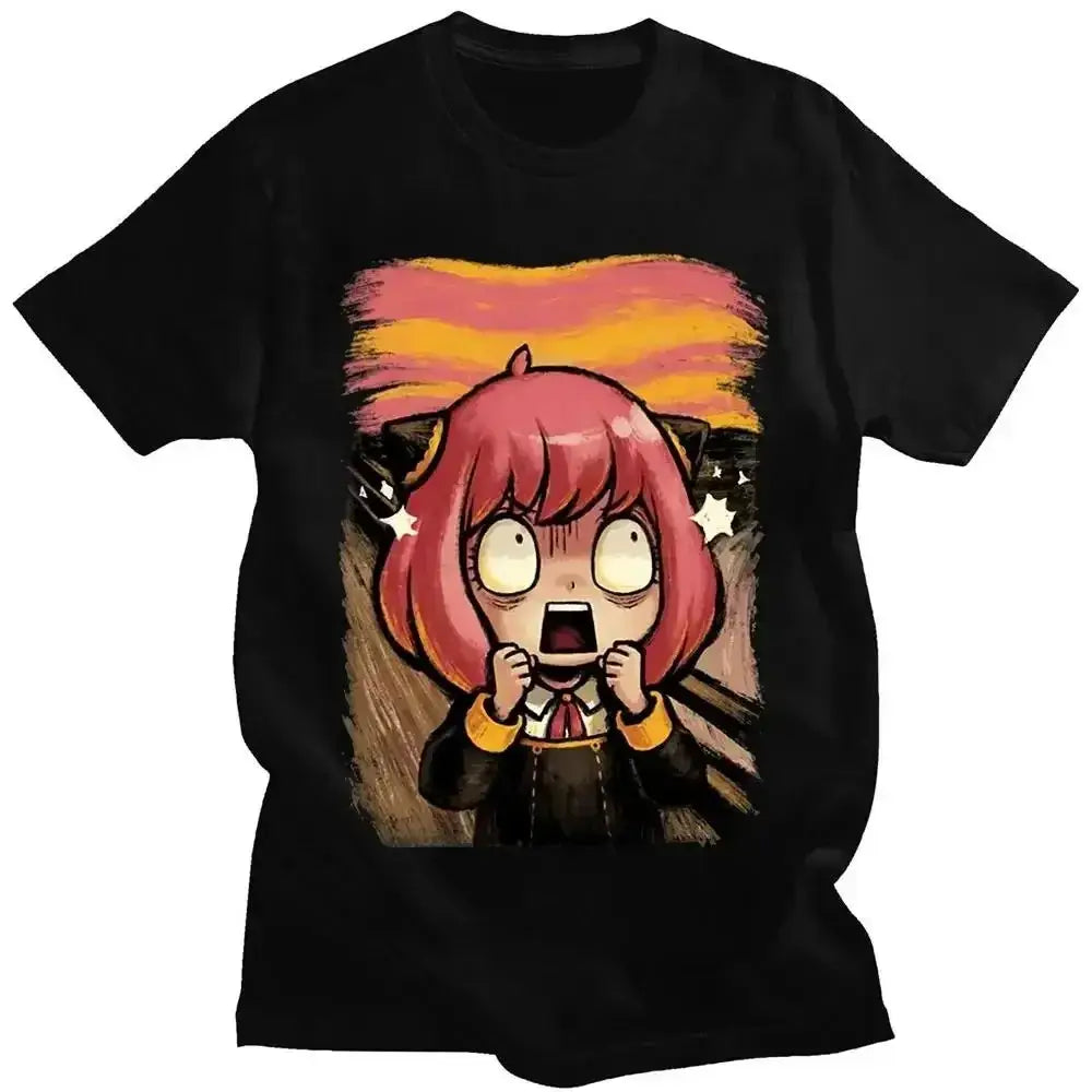 Black short-sleeved spy x family t-shirt featuring pink-haired anya forger graphic with sunset background in plus size unisex