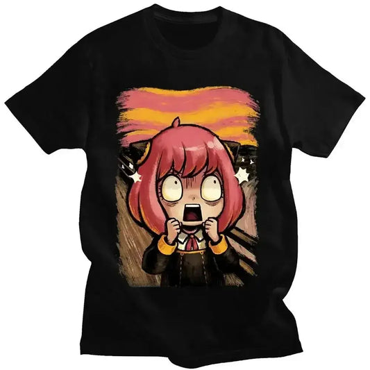 Black short-sleeved spy x family t-shirt featuring pink-haired anya forger graphic with sunset background in plus size unisex