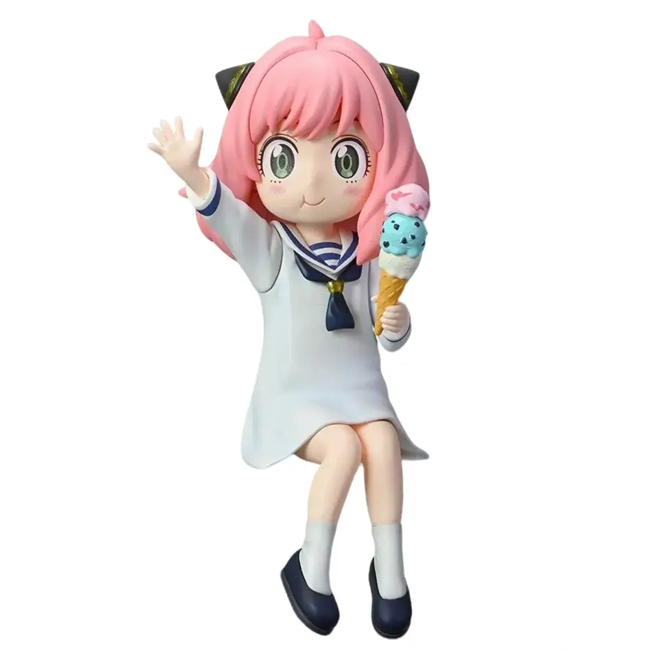 Spy x family anya forger pvc figure 14cm pink-haired anime girl in white sailor dress holding ice cream and waving