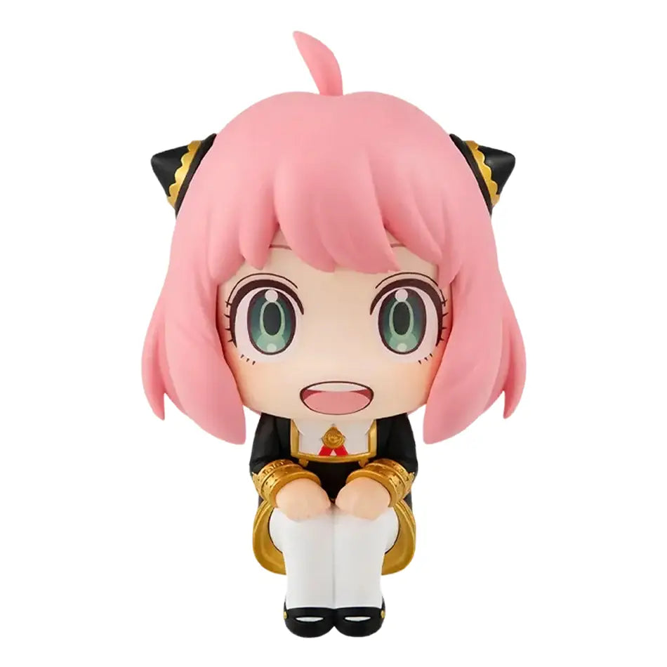 Chibi-style spy x family anya forger pvc figure with pink hair and green eyes in black and gold outfit 14cm kawaii model