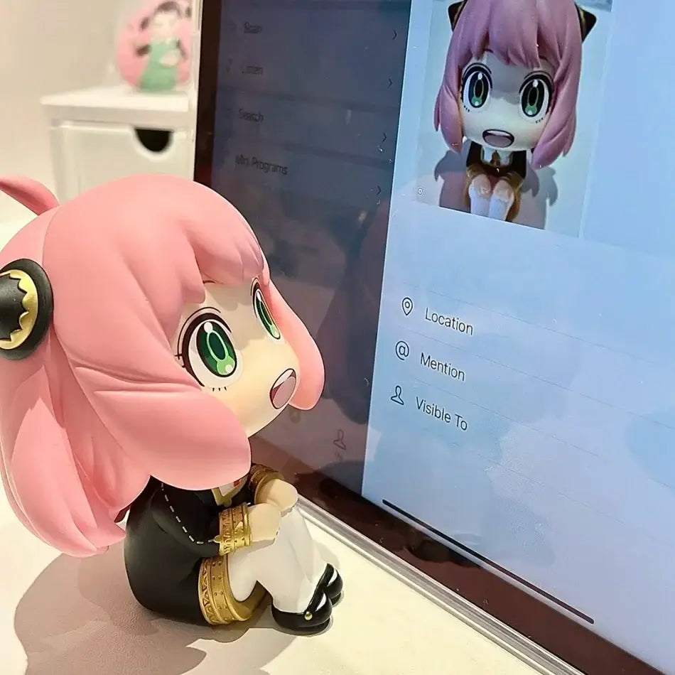 Spy x family anya forger pvc figure 14cm with pink hair green eyes black outfit gold trim and cat ears kawaii model