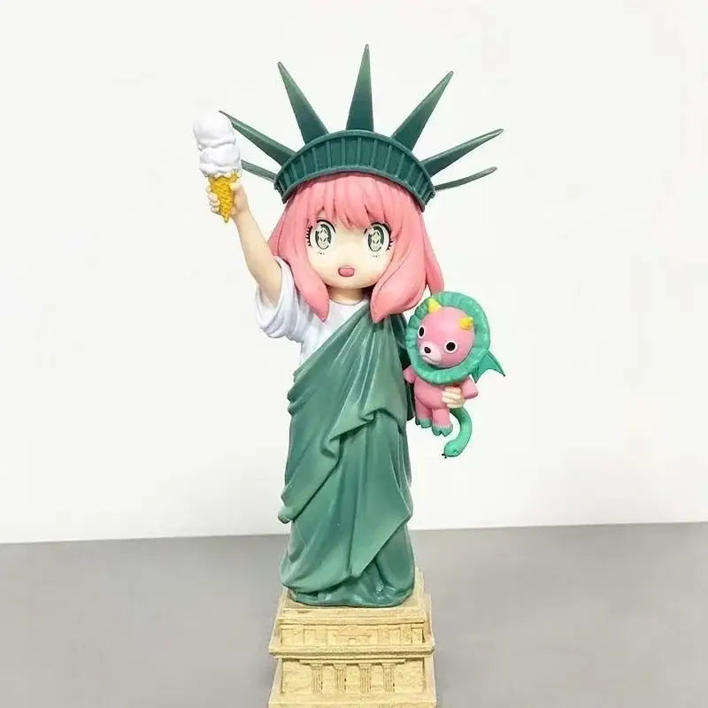 Spy x family anya forger pvc statue in statue of liberty style with pink hair holding ice cream and pink dragon