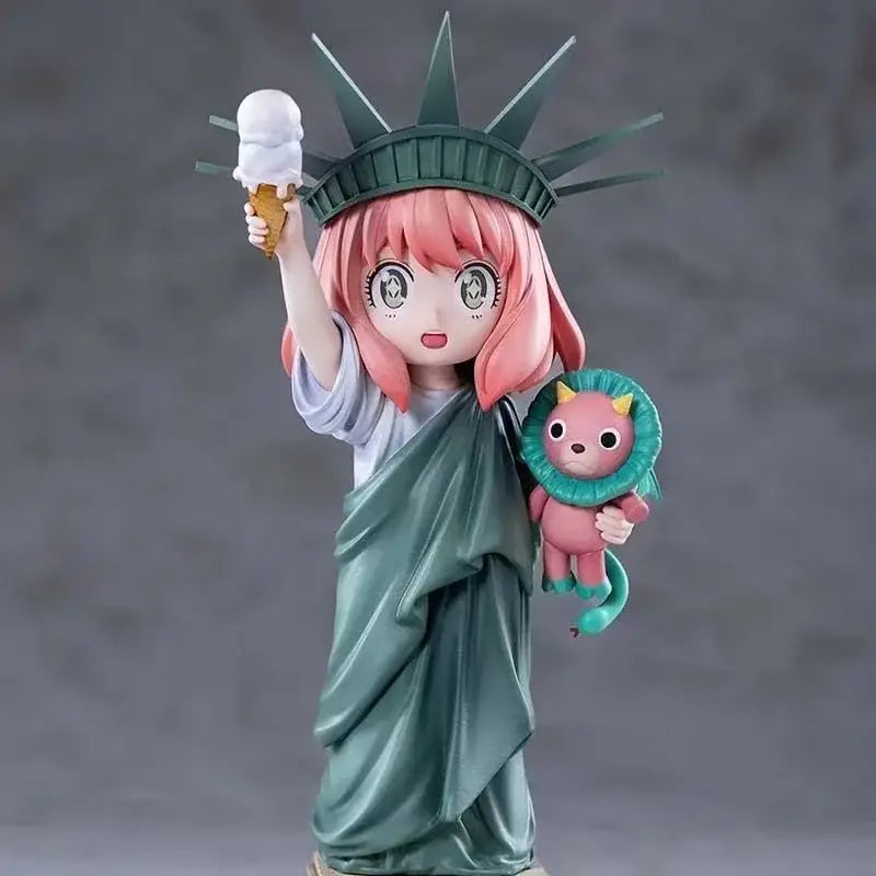 Spy x family anya forger pvc statue featuring pink-haired anya dressed as statue of liberty holding ice cream and pink creature