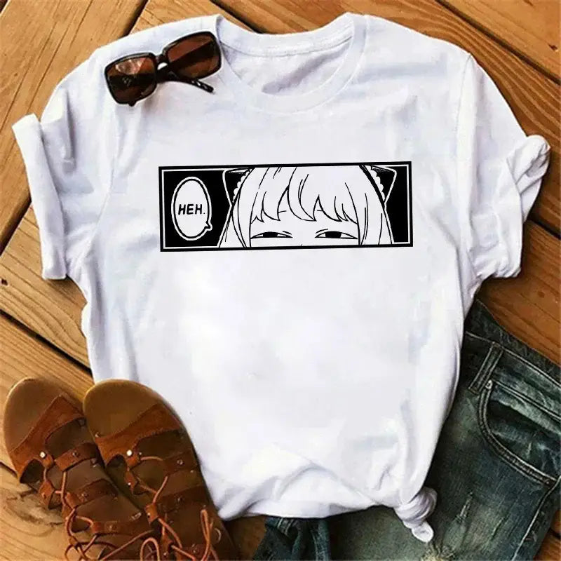 White cotton spy x family t-shirt featuring black and white anime graphic of anya forger with heh speech bubble