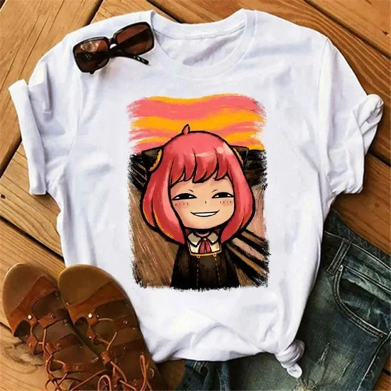 White cotton spy x family anya forger t-shirt with colorful pink-haired anime graphic on orange yellow sunset background