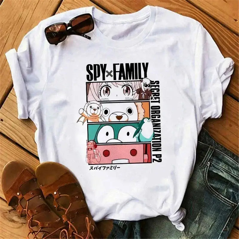 White cotton spy x family anya forger t-shirt with colorful vertical graphic panels and spyxfamily text design
