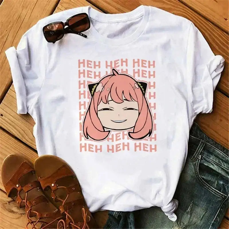 White cotton spy x family t-shirt featuring anya forger with pink hair cat ears and peach heh heh text design