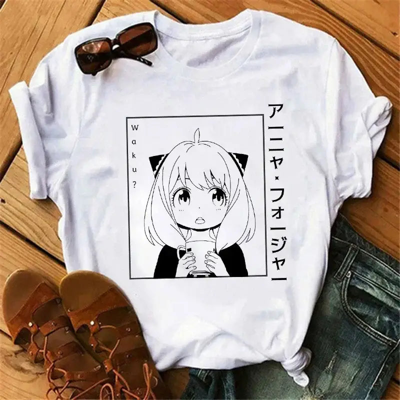 White cotton spy x family anya forger t-shirt with black and white anime girl cat ears holding mug and waku text
