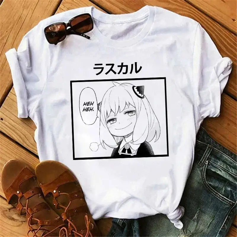 White cotton spy x family t-shirt featuring black and white anime illustration of anya forger with japanese text