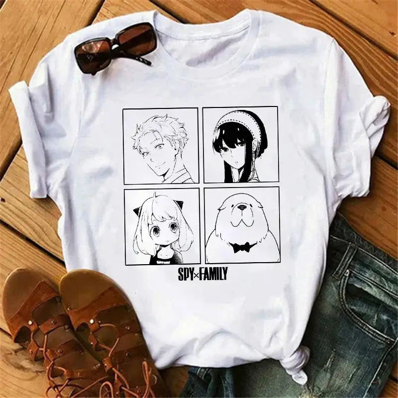 White cotton spy x family t-shirt with a black and white graphic of family anya forger characters in a grid design