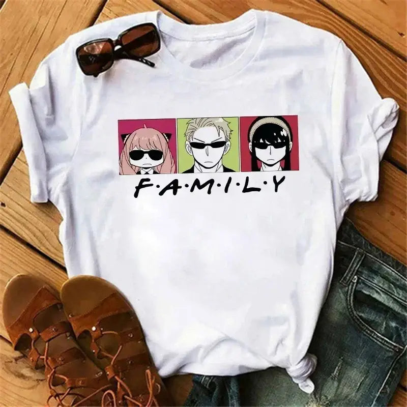 White cotton spy x family t-shirt featuring anya forger and two characters in sunglasses with family anya print