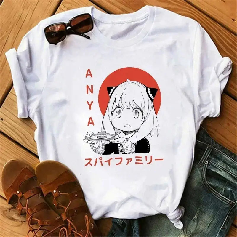 White cotton spy x family t-shirt featuring a black and white anya forger illustration with red circular background
