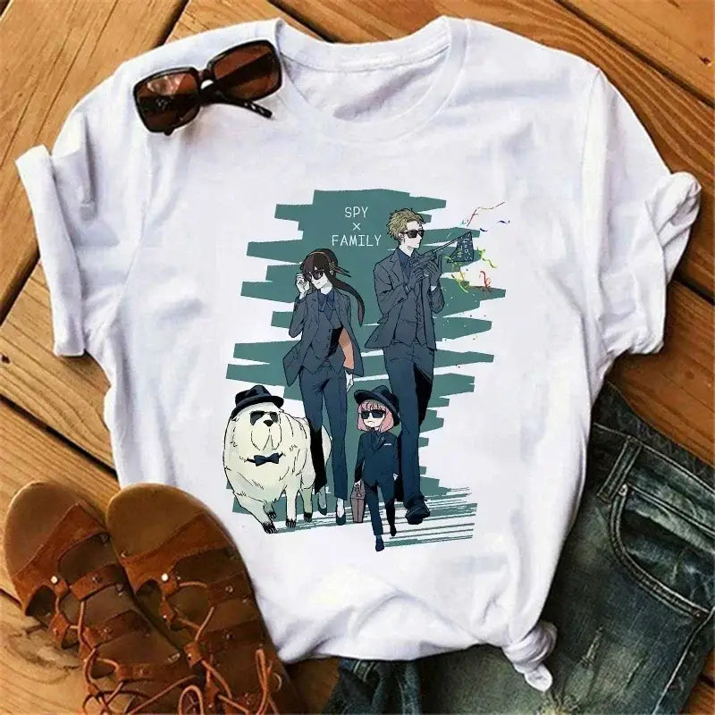 White cotton t-shirt with spy x family anya forger printed design in dark blue and green tones harajuku o-neck