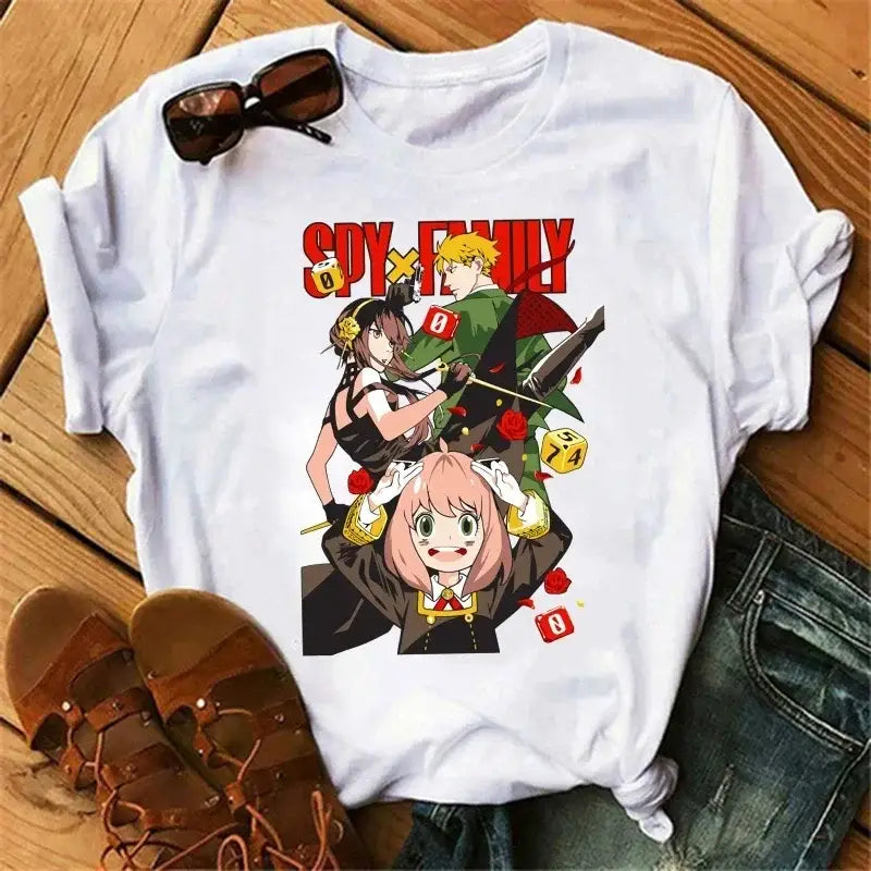 White cotton spy x family anya forger t-shirt with vibrant anime graphic and red dice accents in harajuku o-neck style