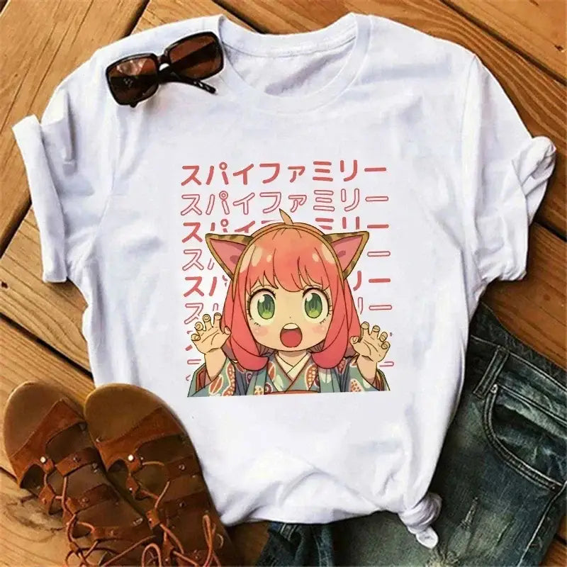 White cotton spy x family t-shirt featuring anya forger with pink hair cat ears and red japanese text design