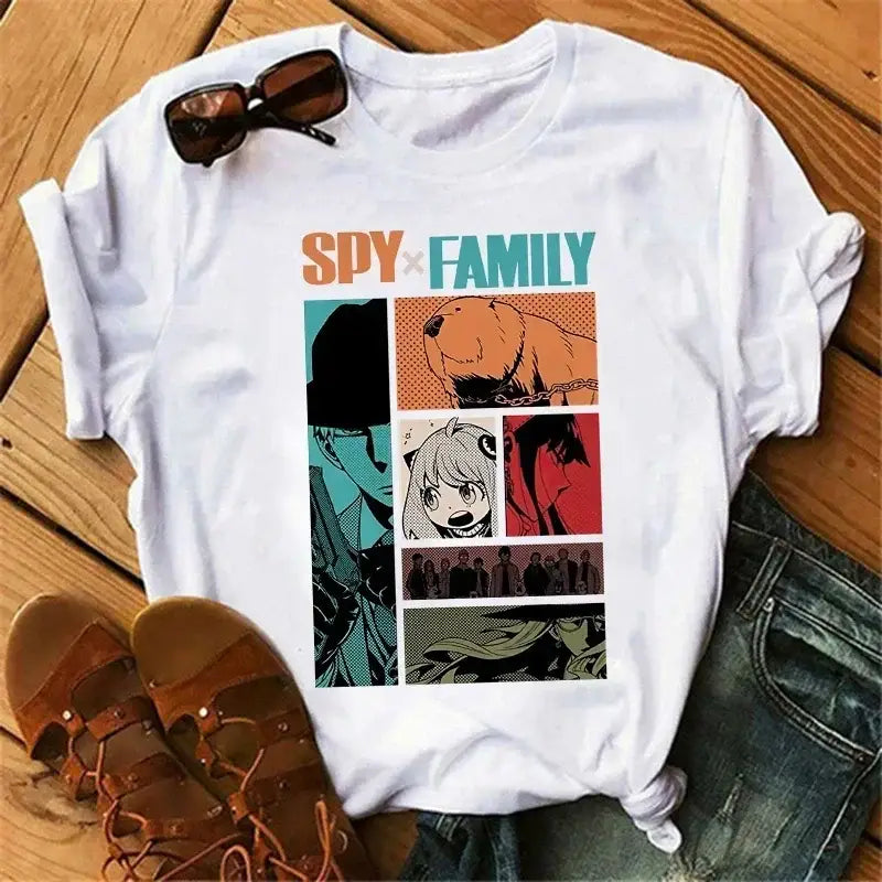 White cotton spy x family anya forger t-shirt with colorful comic panel design in teal orange and red tones