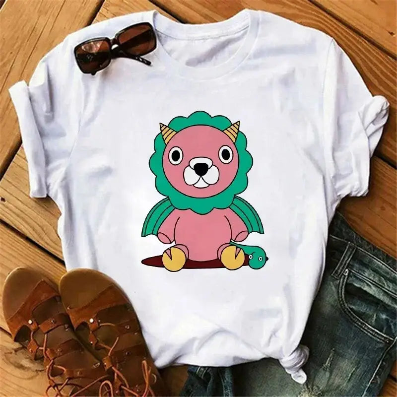 White cotton spy x family anya forger t-shirt with cartoon pink lion and turtle on brown surfboard design