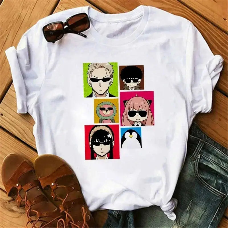 White cotton spy x family anya forger t-shirt with colorful grid of six anime portraits on front in harajuku style