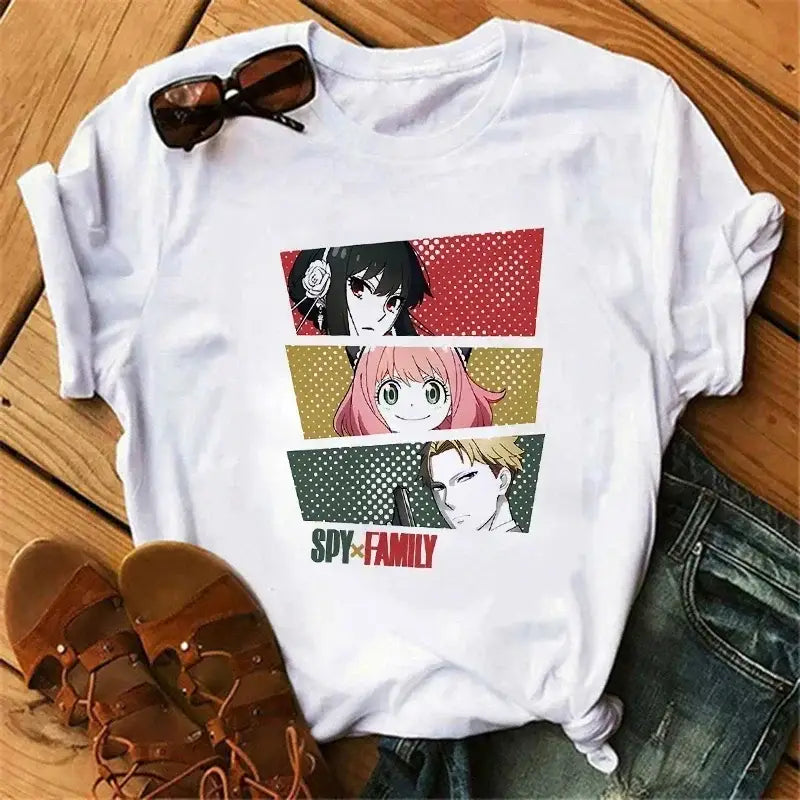 White cotton spy x family anya forger t-shirt with colorful stacked anime graphic and show title in harajuku o-neck style
