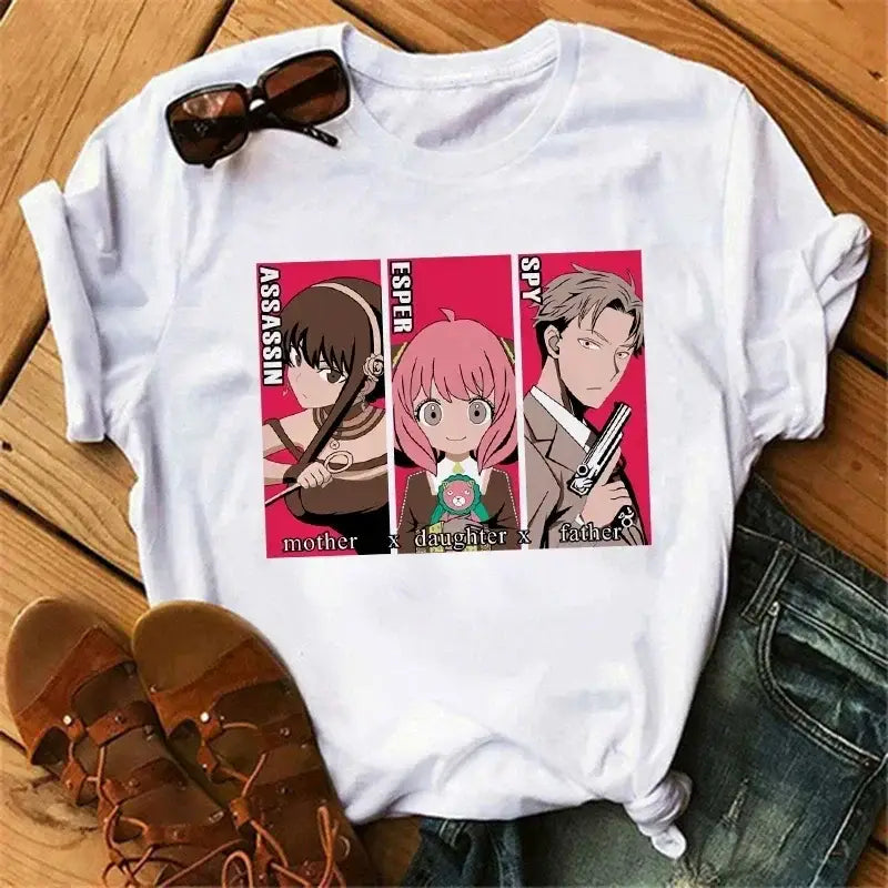 White cotton spy x family t-shirt featuring vibrant pink anya forger anime graphic with family anya forger text