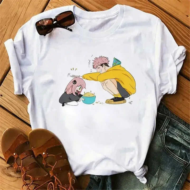 White cotton spy x family t-shirt with colorful anime print of anya forger and family anya in playful scene