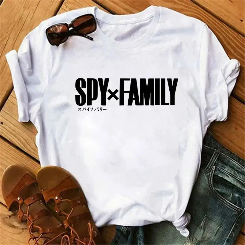 White cotton spy x family anya forger t-shirt with bold black text and japanese characters in harajuku o-neck style