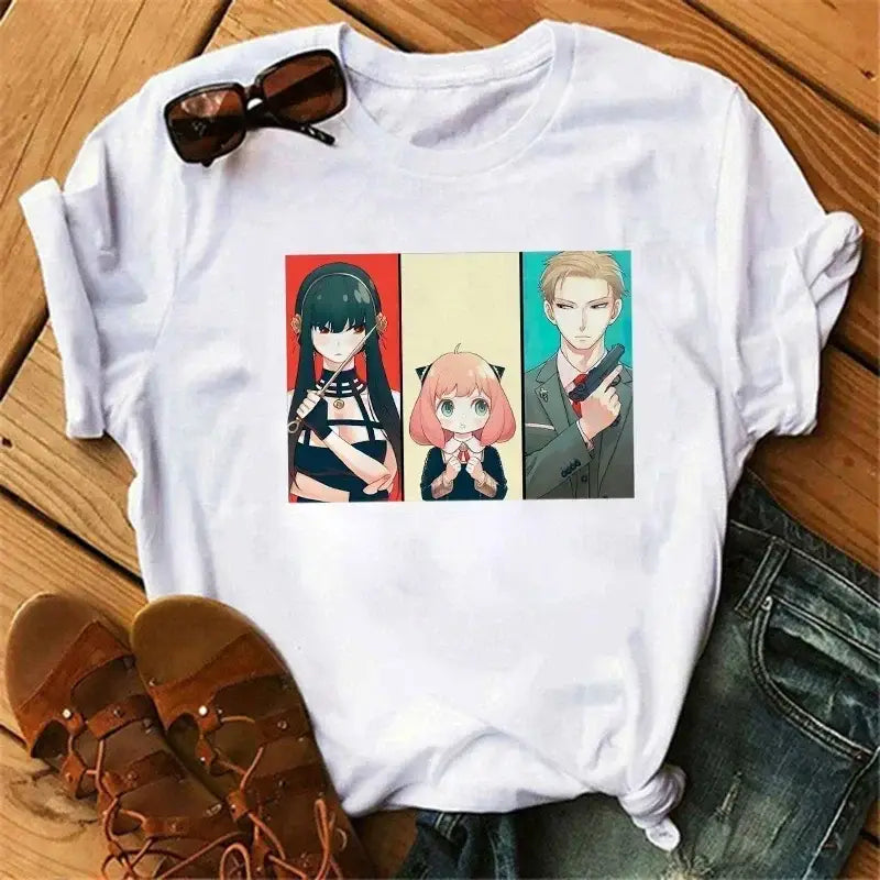White cotton spy x family anya forger t-shirt with tri-panel anime graphic for family anya fans