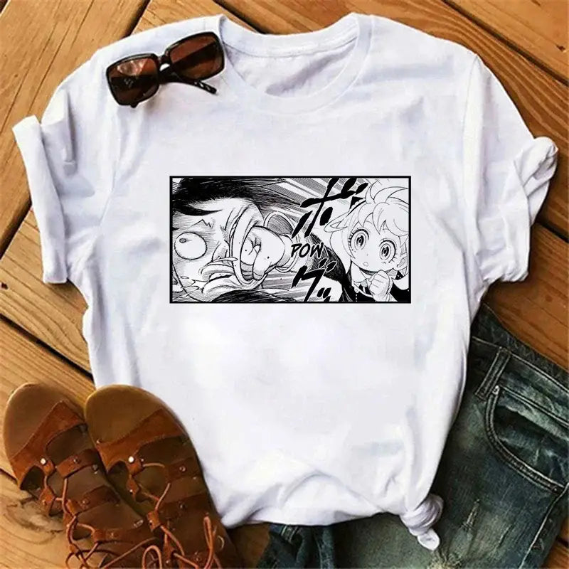 White cotton spy x family t-shirt with black and white manga panel of anya forger and pow text in harajuku o-neck style