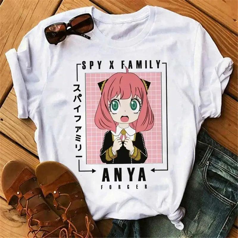 White cotton spy x family anya forger t-shirt with cartoon anya and pink grid background in harajuku o-neck style
