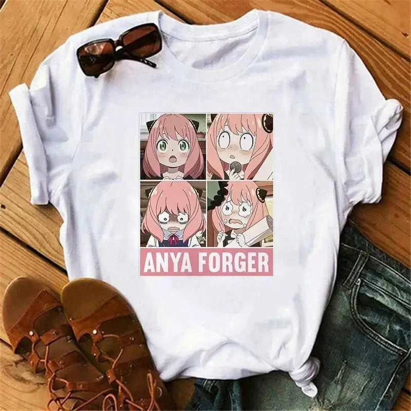 White cotton spy x family anya forger t-shirt with four-panel anime graphic and pink banner text family anya design