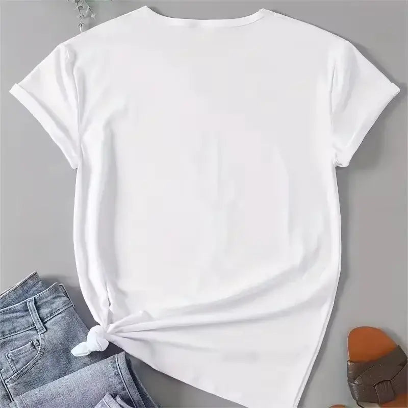 White short-sleeved spy x family anya forger t-shirt with round neckline and knotted hem detail for casual wear