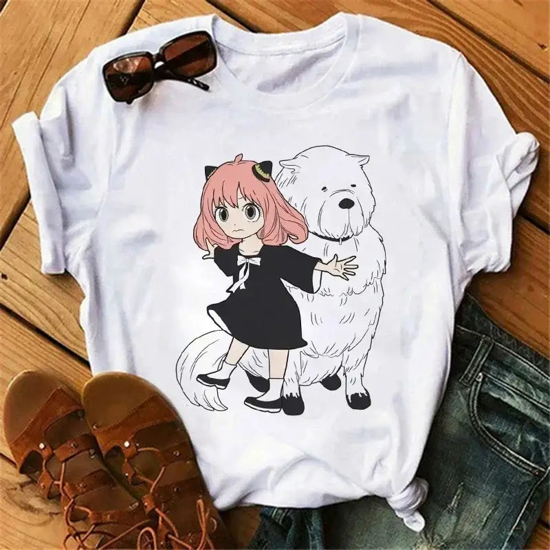 White cotton spy x family anya forger t-shirt with black and pink anime cat ears character hugging fluffy white dog