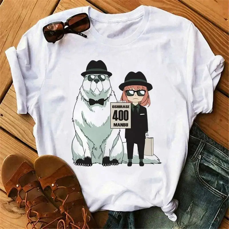 White cotton spy x family anya forger t-shirt with polar bear and anime character graphic and text oshirase 400 manbu