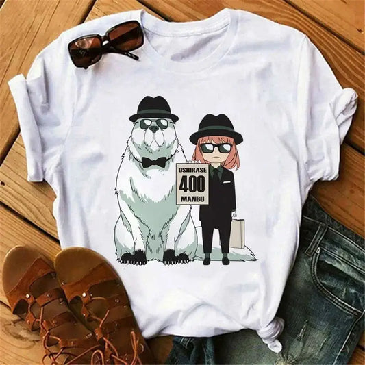 White cotton spy x family anya forger t-shirt with polar bear and anime character graphic and text oshirase 400 manbu
