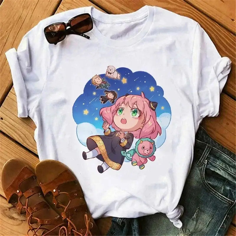 White cotton spy x family anya forger t-shirt with colorful anime print of pink-haired family anya floating in space