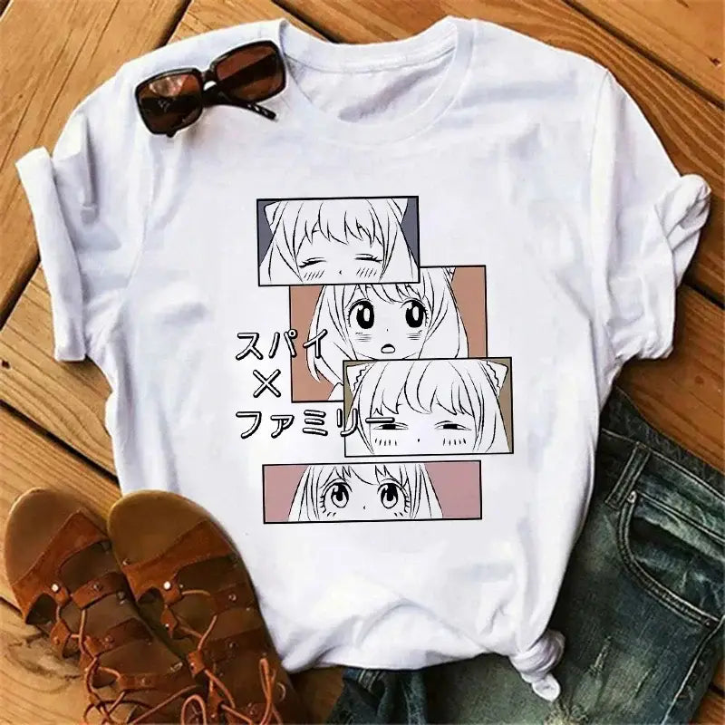 White cotton spy x family t-shirt with vertical anime style anya forger panels and japanese text design
