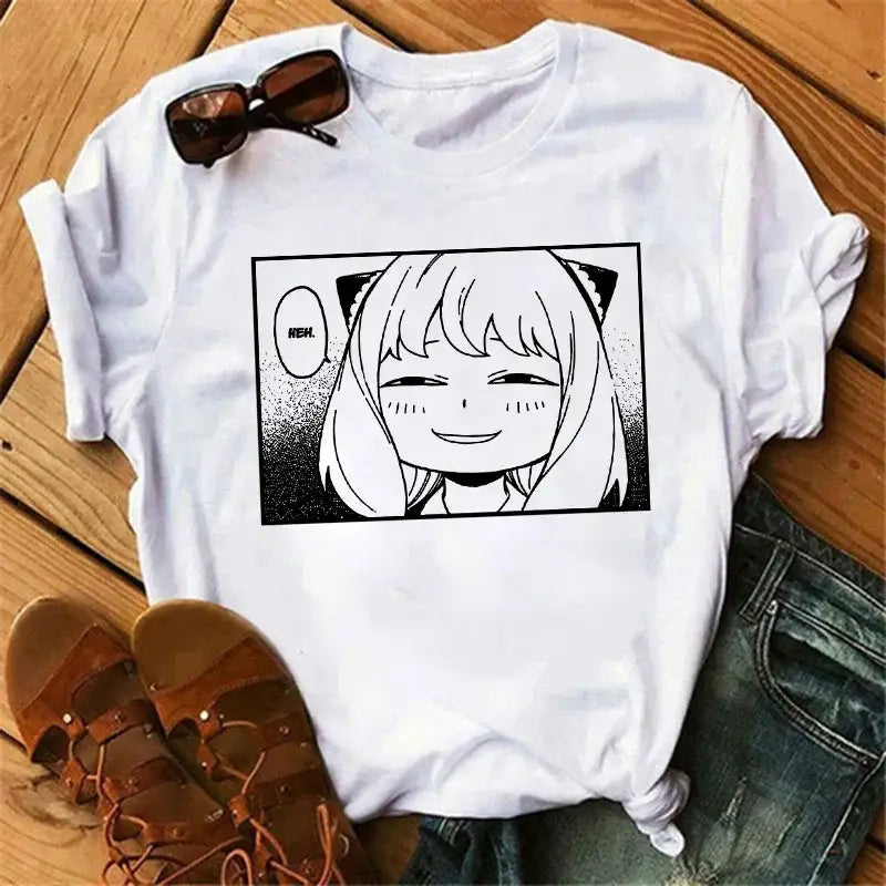White cotton spy x family t-shirt featuring a black-and-white anime graphic of smiling anya forger with cat ears and speech bubbles