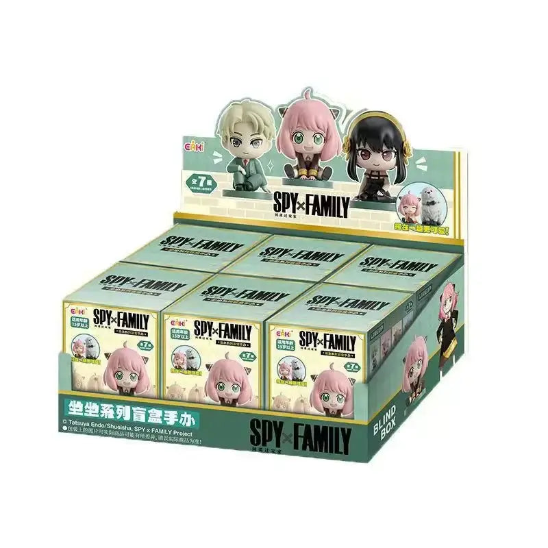 Light green and white spy x family blind box display featuring chibi family anya sitting pvc desktop figure
