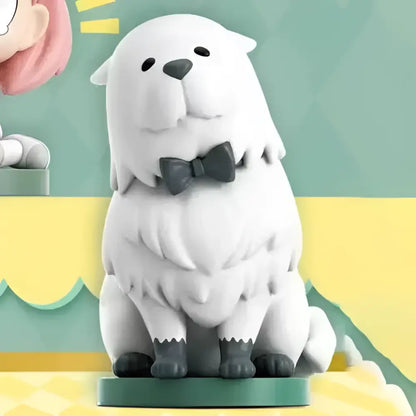 White fluffy dog figurine with black bow tie and gray paws on green base from spy x family anya sitting blind box
