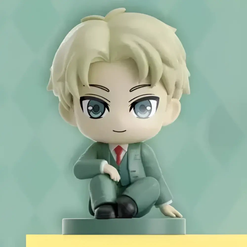 Chibi-style spy x family family anya sitting blind box figure in green suit with red tie on pedestal pvc doll