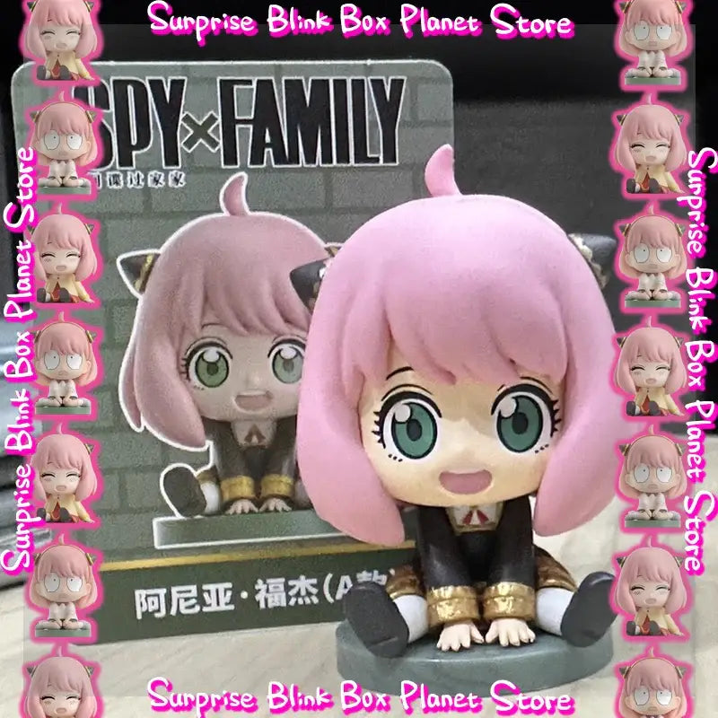 Spy x family family anya sitting blind box figure with pink hair green eyes black and gold desktop pvc doll
