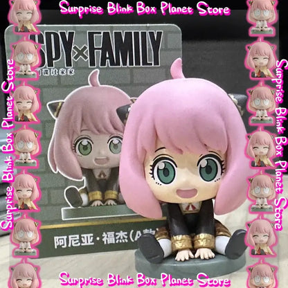 Spy x family family anya sitting blind box figure with pink hair green eyes black and gold desktop pvc doll