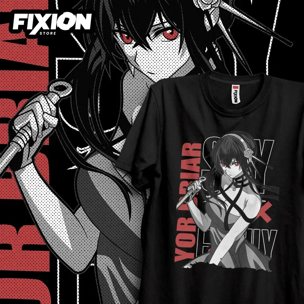 Black cotton spy x family loid t-shirt featuring an anime character with red eyes holding a sword