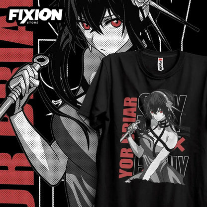 Black cotton spy x family loid t-shirt featuring an anime character with red eyes holding a sword